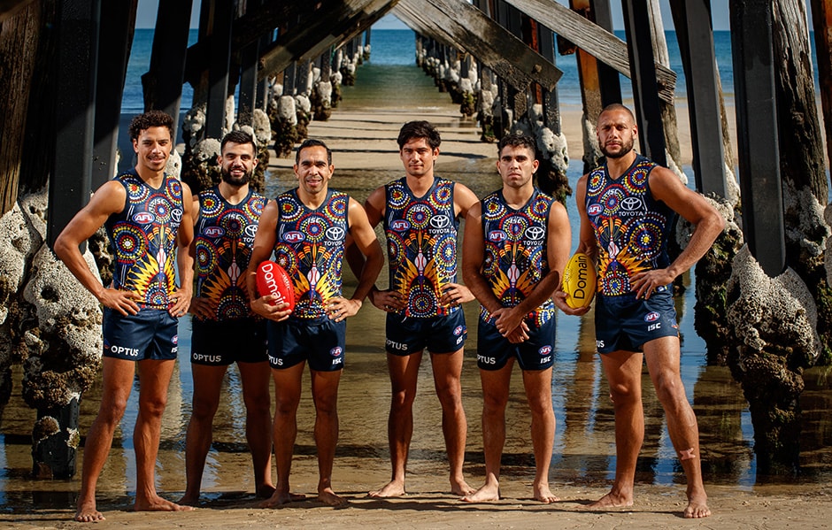 Adelaide Crows 2019 Indigenous Guernsey Adelaide Crows players Ben Davis, Wayne Milera, Eddie Betts, Shane McAdam, Tyson Stengle and Cameron Ellis-Yolmen wearing the 2019 Indigenous Guernsey at Grange Beach. The Indigenous Guernsey celebrates Aboriginal and Torres Strait Islander cultures and their contributions to Australian Football.